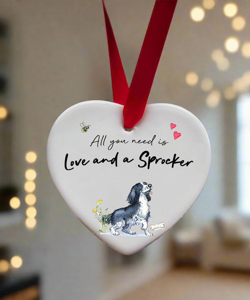 Love and a Sprocker Black & White Ceramic Heart